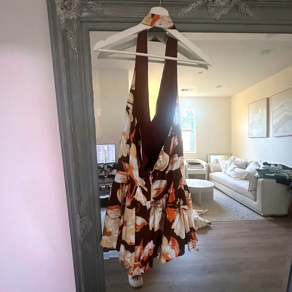 Peppermayo Brown Floral Linen Halter Neck Sunset Ballad Mini Dress Resortwear  S